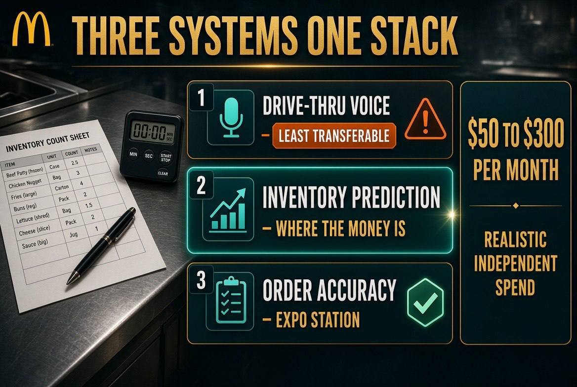 Three systems one stack infographic separating drive-thru voice, inventory prediction and order accuracy