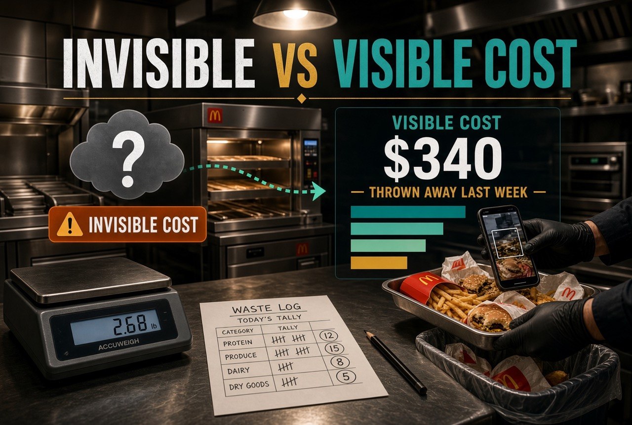 Invisible cost versus visible cost comparison infographic with waste figure