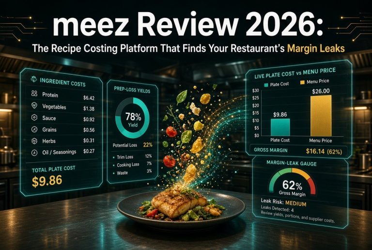 meez recipe costing platform showing plate cost, prep-loss yields and gross margin