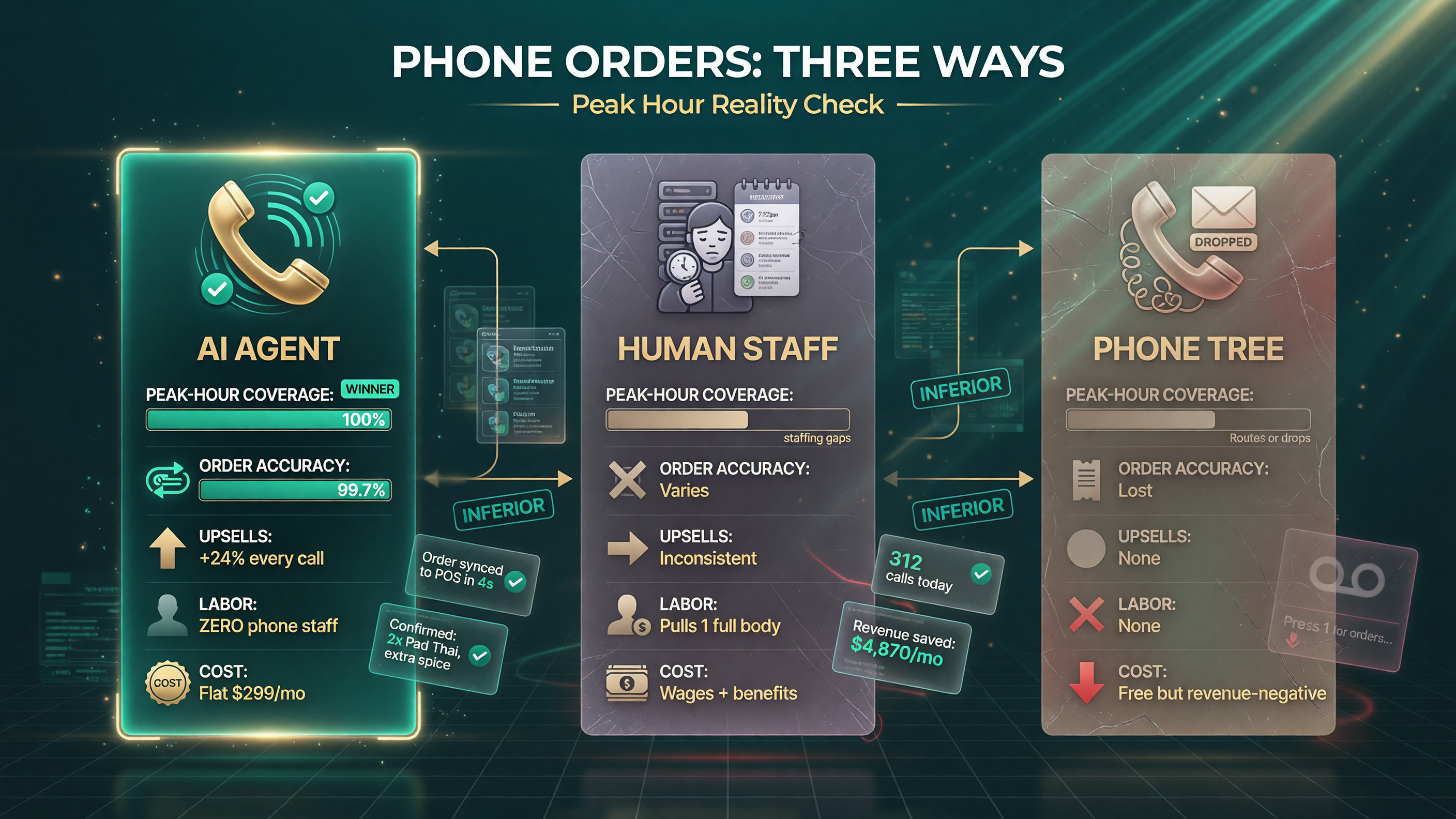 Orderly AI voice agent vs human vs phone tree restaurant comparison