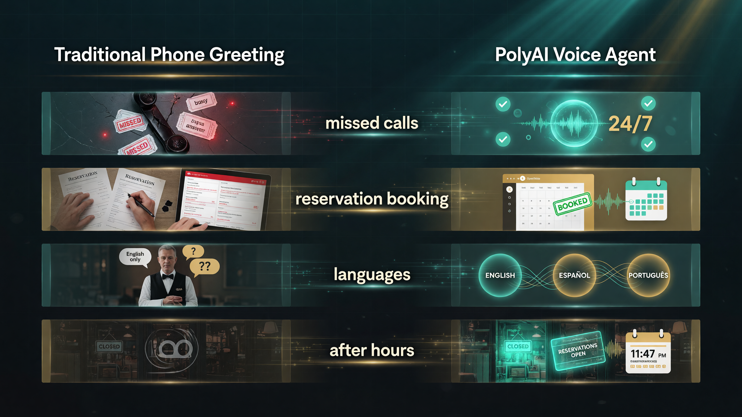 Side-by-side comparison: a traditional phone greeting loses calls during busy service, re-keys reservations into OpenTable, depends on whoever answers for languages, and goes to voicemail after hours; a PolyAI voice agent answers every call, books straight into OpenTable, speaks English Spanish and Portuguese, and takes reservations around the clock.