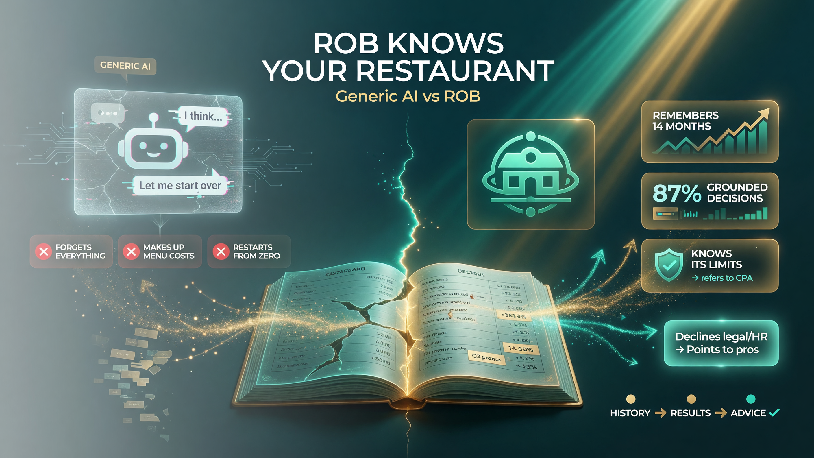 ROB remembers your restaurant, gives grounded plainspoken advice, and knows its limits — unlike a generic AI that forgets everything and makes things up