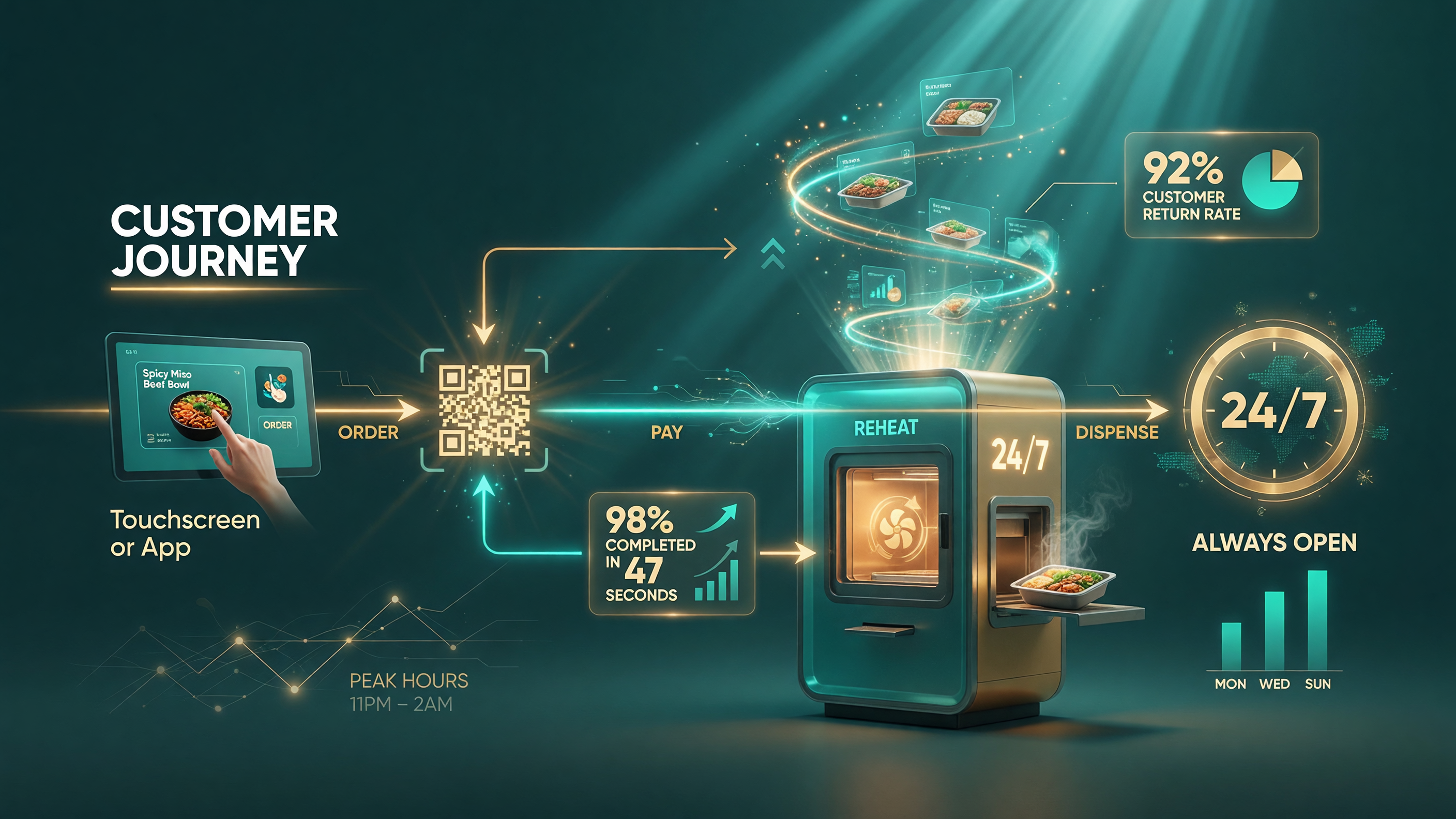 The 24/7 Hey Food kiosk customer journey: order on touchscreen or in the app, QR payment, automated reheating, meal dispensing, open around the clock