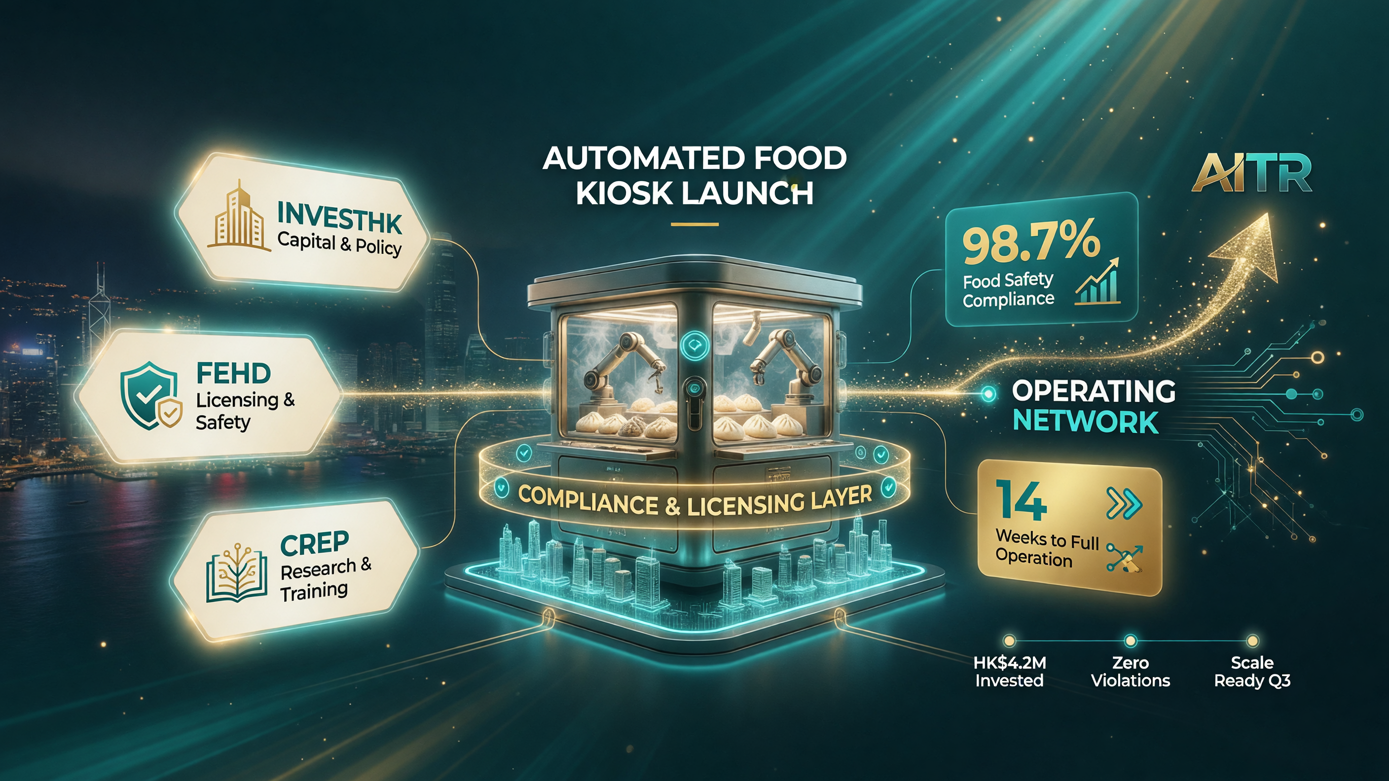 The three-way launch behind the Hey Food kiosk: InvestHK capital and policy, FEHD licensing and food safety, and CREP research and training, feeding a compliance layer into the operating network