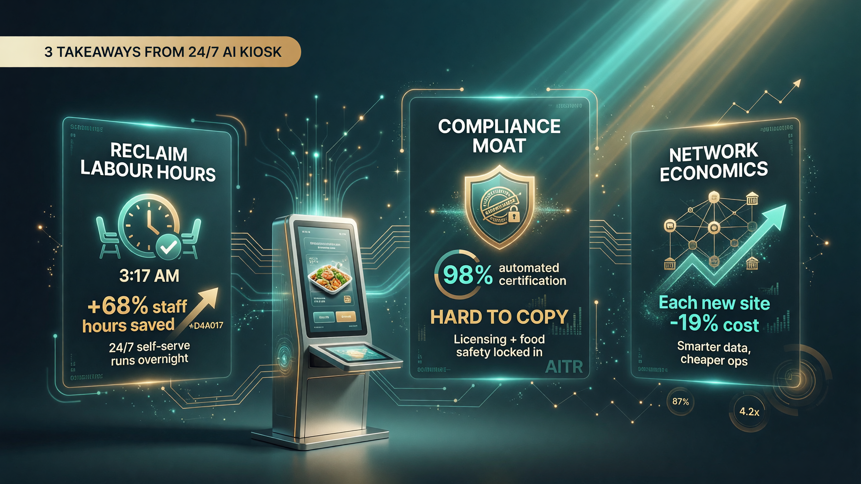 Three takeaways for independent owners from the 24/7 automated kiosk: reclaim labour hours with overnight self-serve, a compliance moat from licensing and food safety, and network economics as each new location gets cheaper