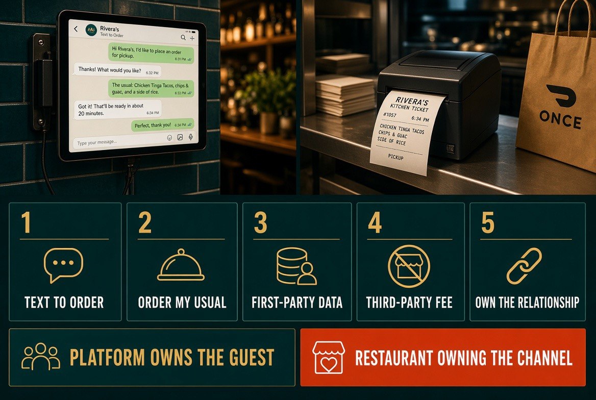 Restaurant counter with a tablet showing a DoorDash text-message ordering thread and a kitchen ticket printer mid-print