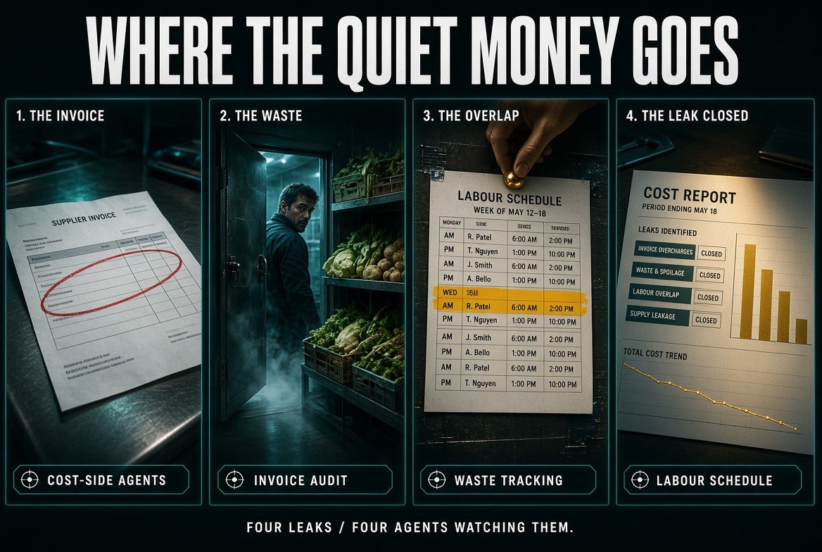 Four cost leaks in a restaurant: an inflated supplier invoice, cooler waste, overlapping shifts, and a cost report with each leak closed