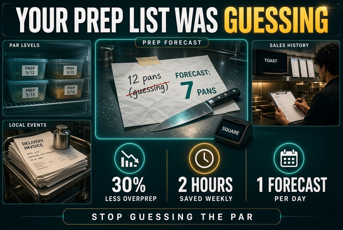 Prep counter infographic showing a handwritten guess struck through and replaced by an AI demand forecast figure