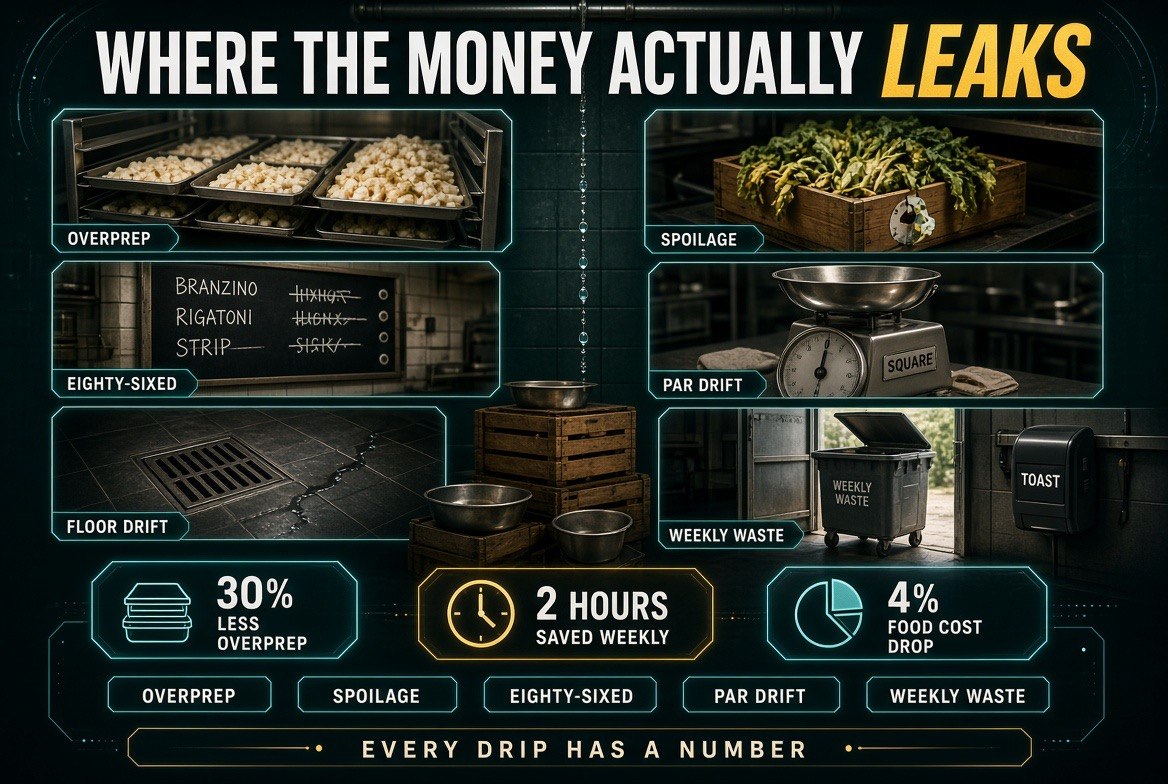 Standing drip line infographic showing overprep, spoilage and 86d dishes each leaking a separate measurable loss in a kitchen