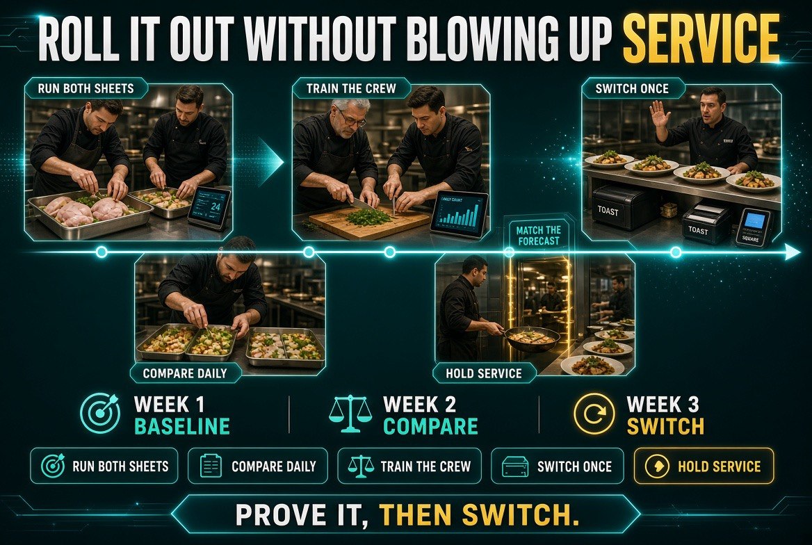 Rollout timeline infographic showing the three week switch from the old prep sheet to an AI forecast without disrupting service