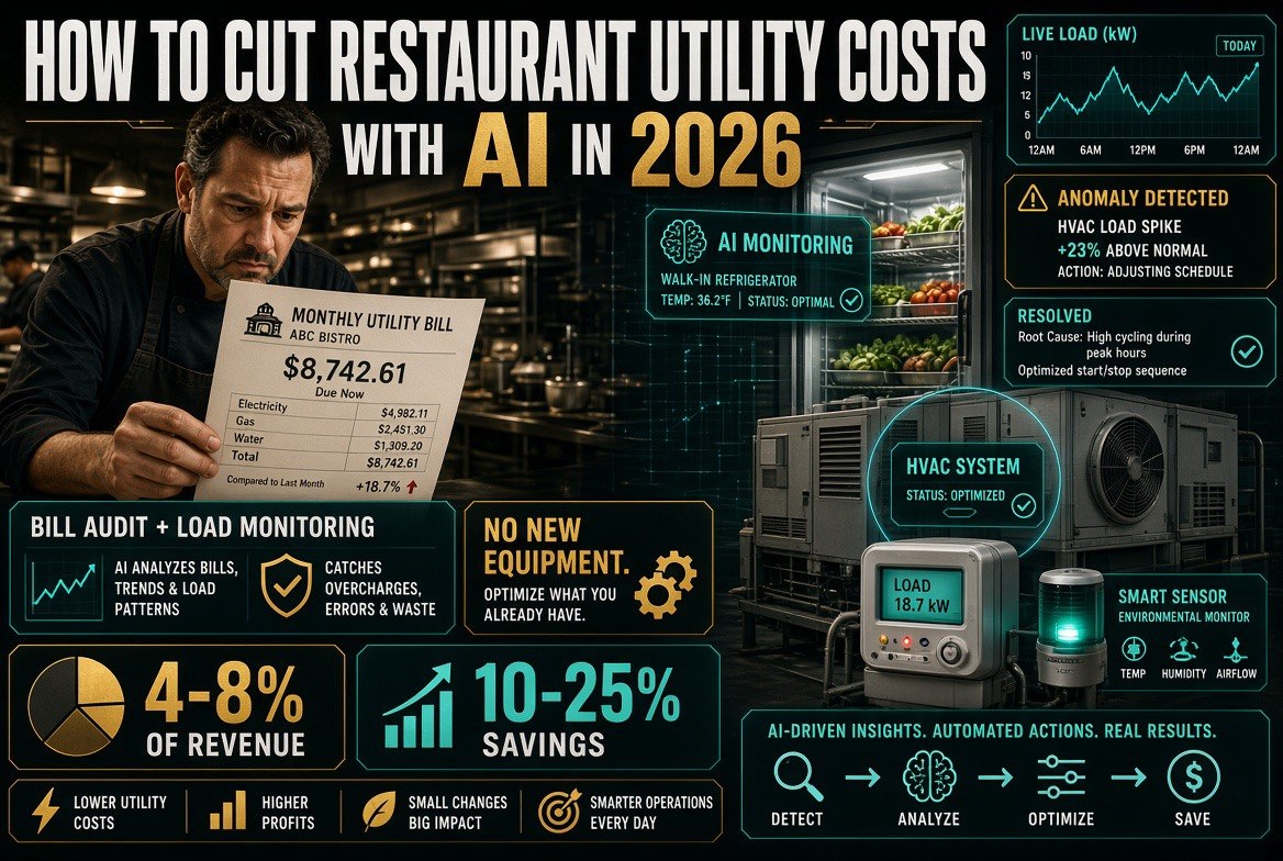Restaurant owner reviewing utility bill savings with AI monitoring