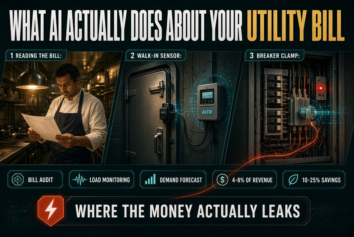 Infographic showing AI bill auditing, load monitoring and demand forecasting for restaurant utility costs