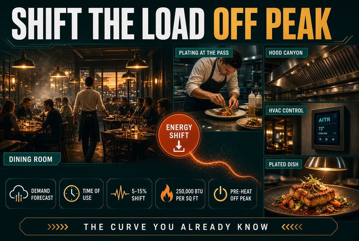 Infographic showing a restaurant dining room and kitchen demand curve shifted off peak by AI forecasting