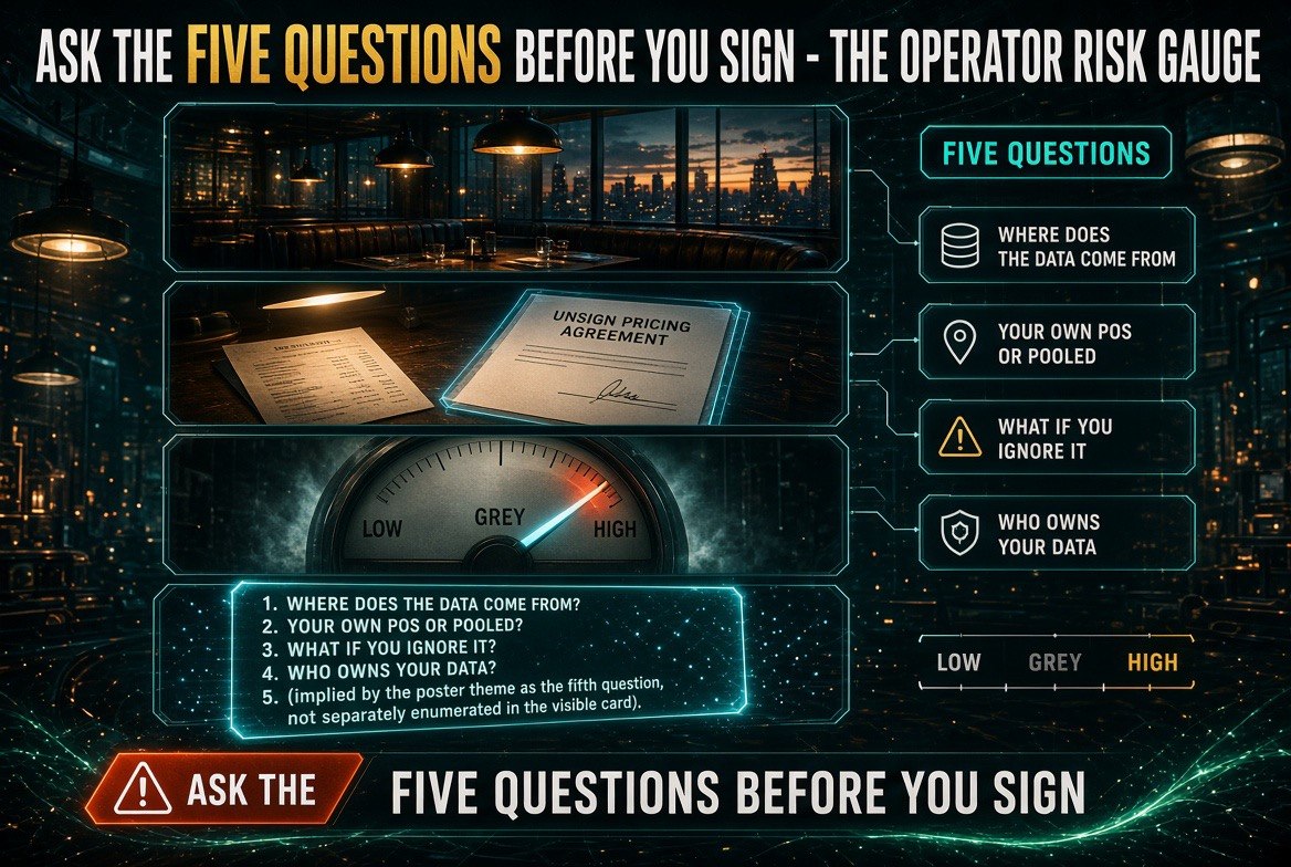 Infographic showing a restaurant pricing risk gauge and five questions to ask before signing