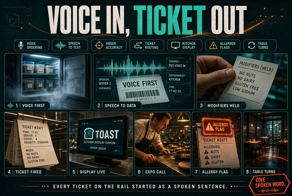 Eight-step restaurant service workflow infographic covering voice ordering, speech to text, modifiers held, ticket fired, kitchen display, expo call, allergy flags and table turns
