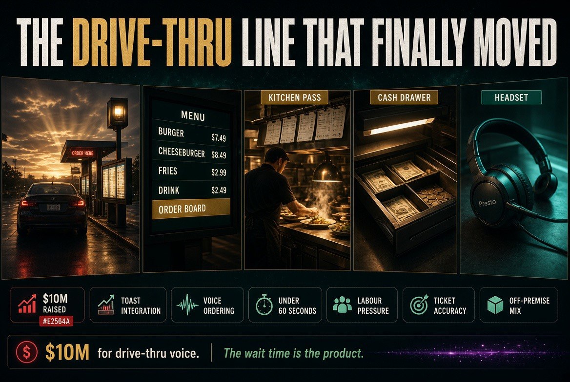 Drive-thru lane at dusk with lit order board, kitchen pass, cash drawer and a drive-thru headset