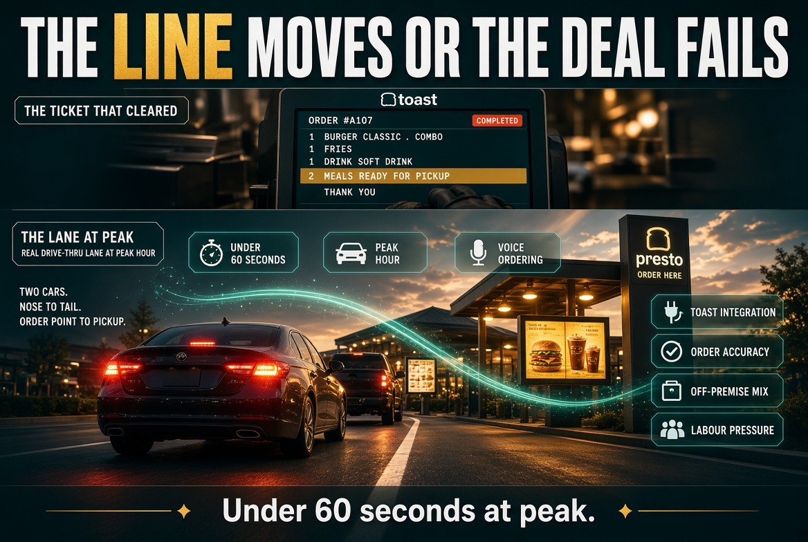 Drive-thru lane at peak hour with two cars nose to tail and a completed order clearing on a Toast POS screen