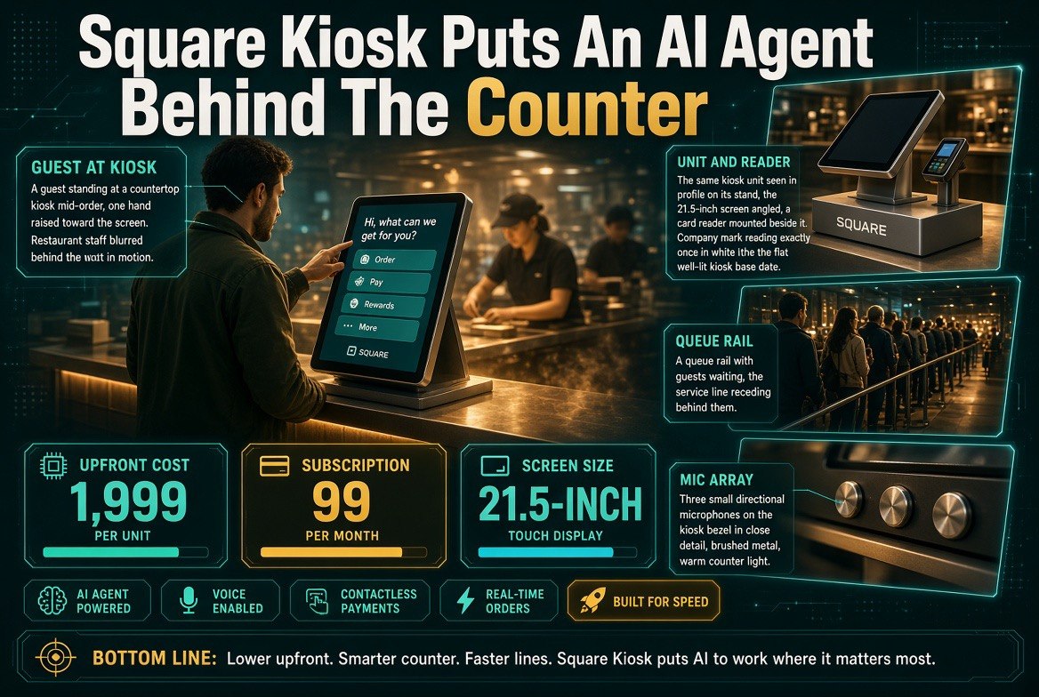Square Kiosk: guest at the counter, unit, queue rail and mic array