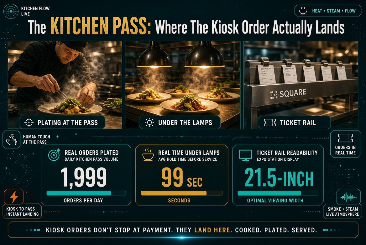 The kitchen pass: plating, heat lamps and the ticket rail