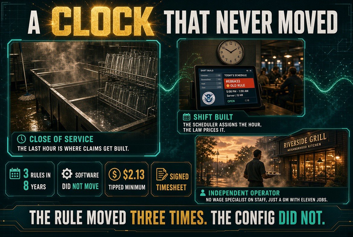 Infographic showing a restaurant dish pit at close of service, a point-of-sale shift screen still pricing the tipped rate at 2.13 an hour, and an independent restaurant exterior at dusk
