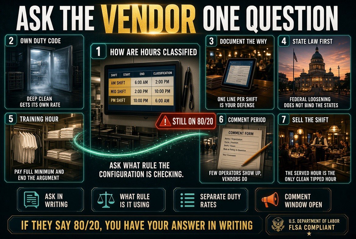 Infographic with seven panels showing how to audit a scheduling platform - how hours are classified, separate duty codes, documentation, state law over federal, training hours, the comment period and the served shift