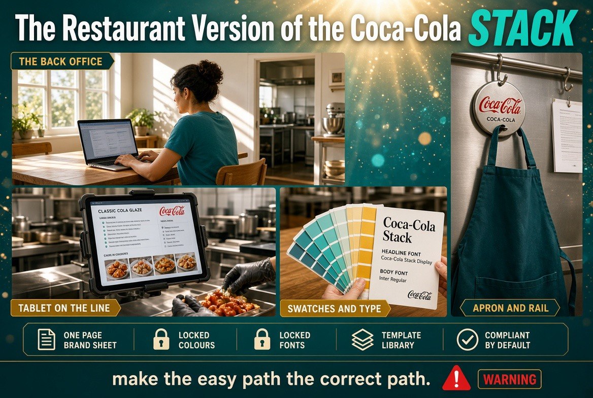 Restaurant version of the Coca-Cola stack infographic with brand sheet and locked templates