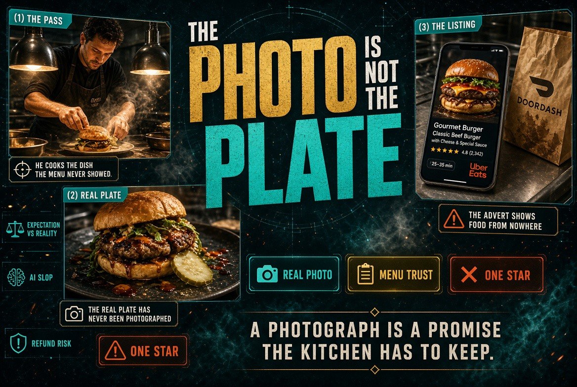 AI slop menu listing versus the real plate served in the kitchen