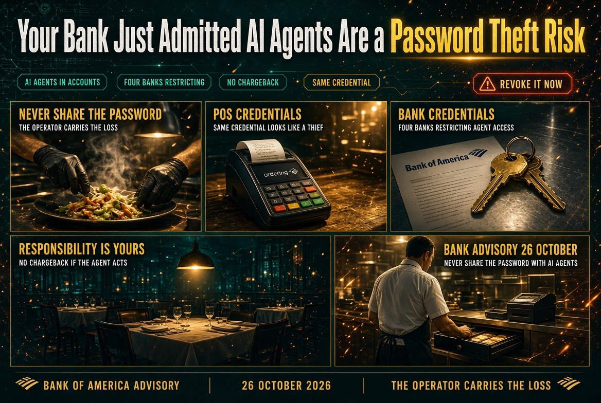 Bank of America advisory poster warning restaurants against sharing POS and bank credentials with AI agents, with restaurant kitchen and terminal panels