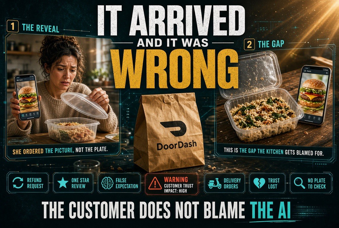 Customer comparing the delivery listing photo with the food that actually arrived