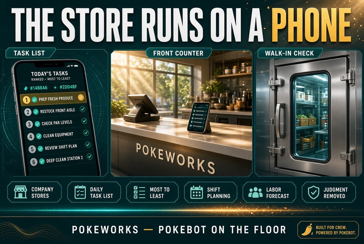 The Store Runs on a Phone: Pokeworks front counter, ranked phone task list and walk-in cooler check