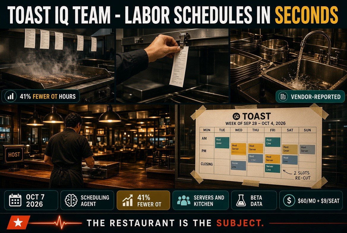 Independent restaurant at shift change with a reshuffled paper schedule at the host stand and a flat-top mid-service
