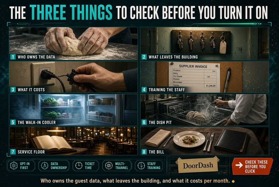 Three checks before enabling an AI restaurant operating system: data ownership, what leaves the building, and the monthly cost