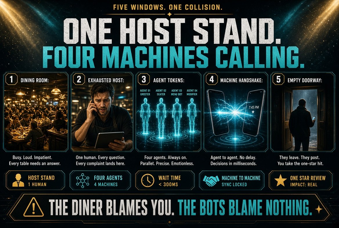 Four AI agents calling one restaurant host stand at Friday rush while the diner blames the restaurant