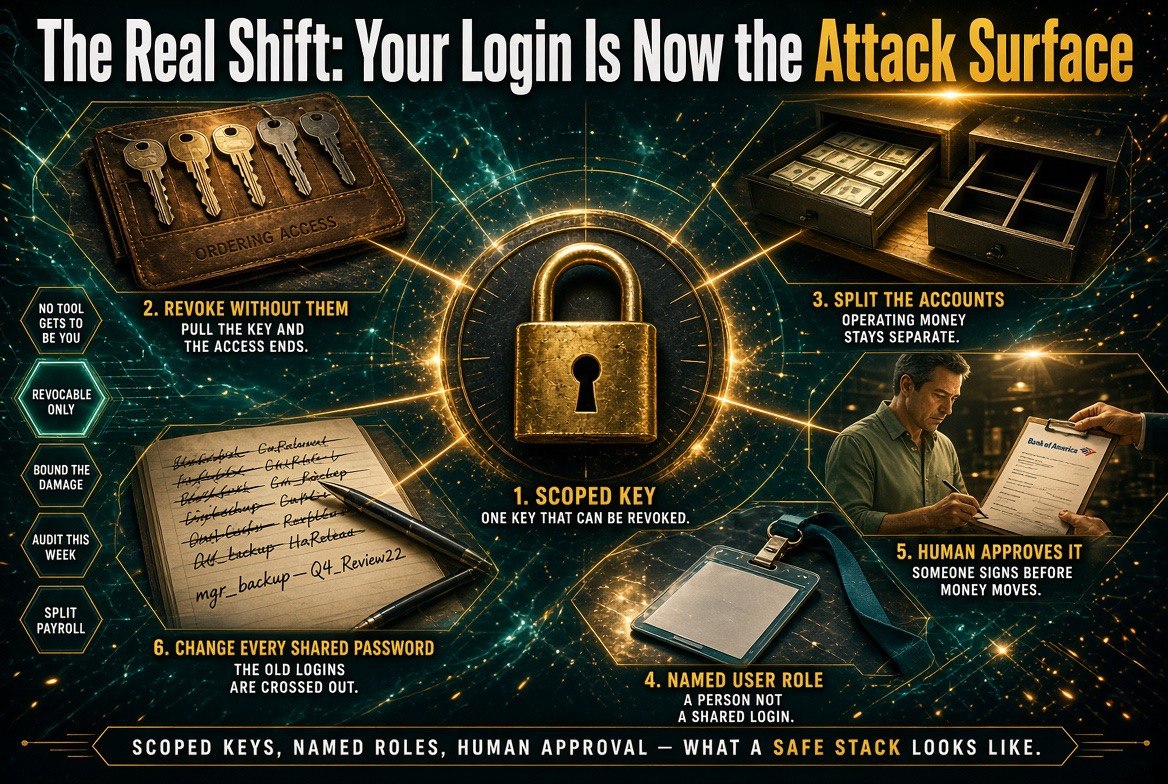 Six step security poster showing a padlock, a key wallet, split cash tills, a staff badge, a manager signing approval and a rewritten password list