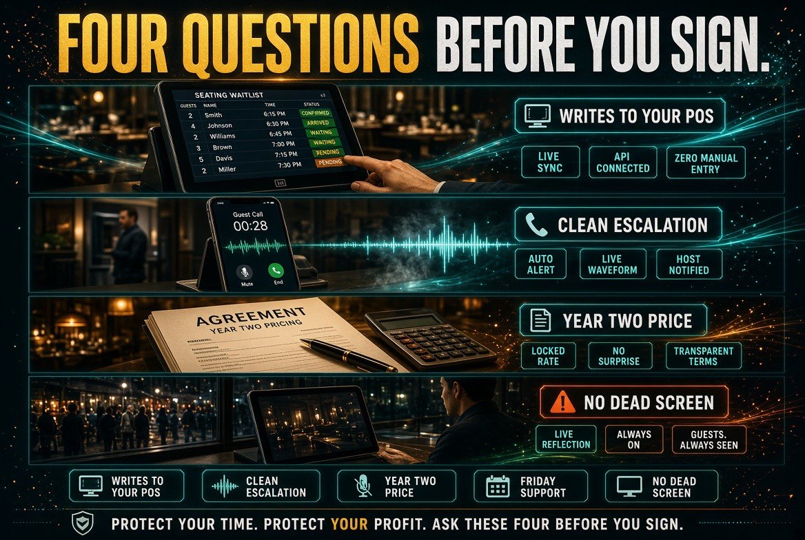 Four questions to ask before buying an AI host for a restaurant - POS integration, escalation, year two pricing, support
