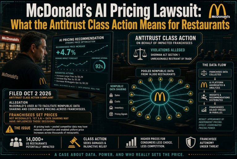 Infographic explaining the McDonald's AI pricing antitrust class action lawsuit and what it means for restaurants