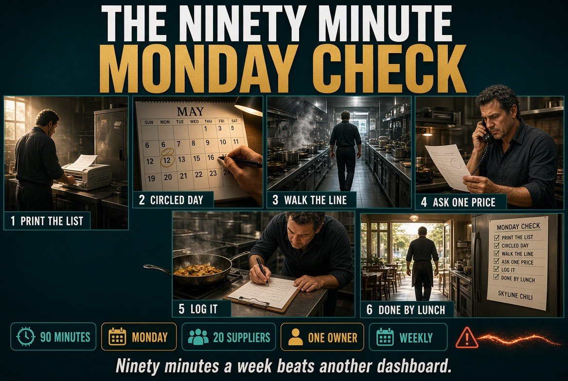 The ninety-minute Monday purchasing check: print the list, circle the day, walk the line, log the prices