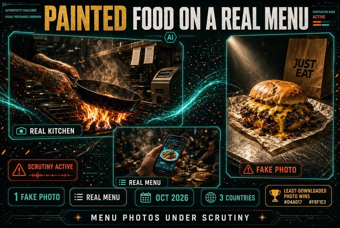 A cast-iron pan on a real kitchen flame beside a Just Eat menu of AI-painted food that never existed