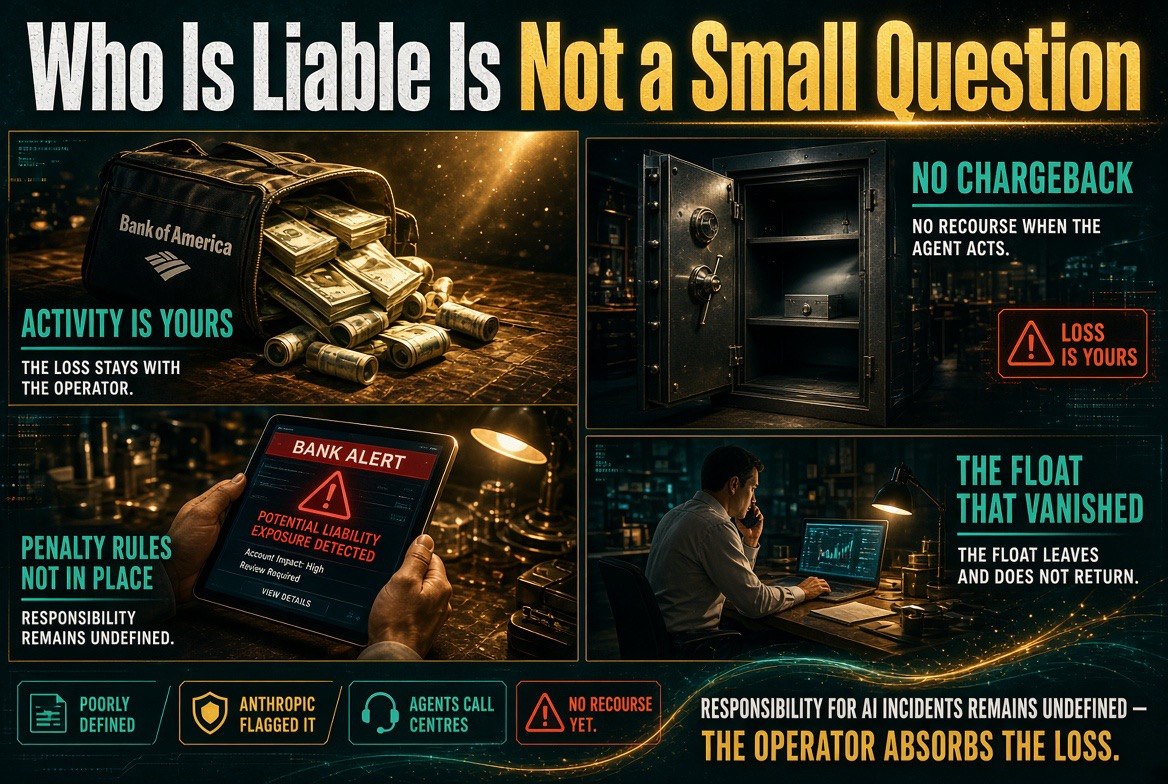 Liability poster showing a Bank of America deposit bag, an open vault and a bank alert tablet, with the warning that AI incident responsibility stays with the operator