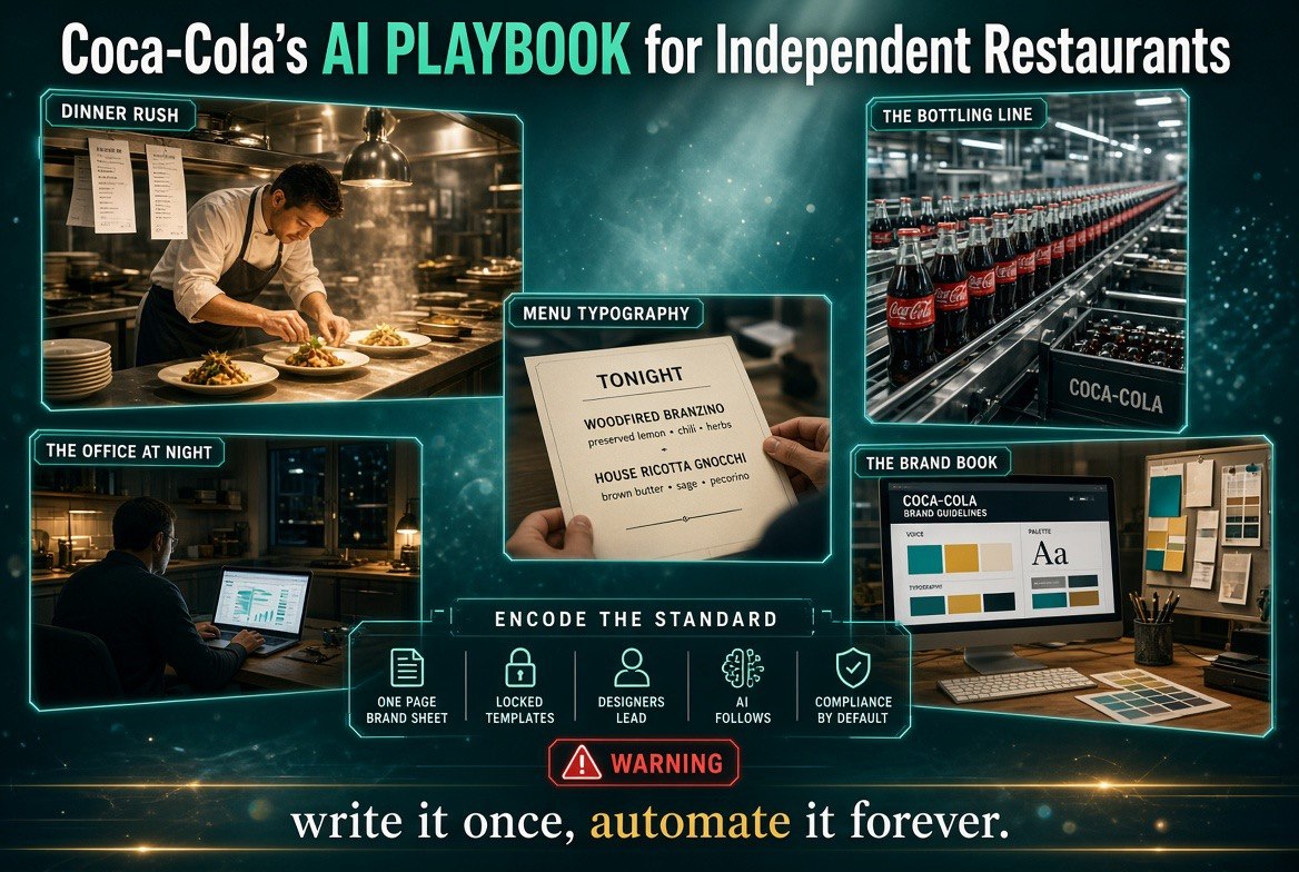 Coca-Cola AI playbook collage showing brand standards and restaurant operations