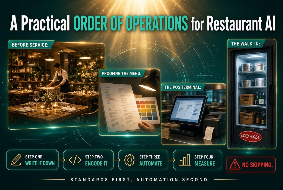 Restaurant AI order of operations infographic with four steps from write it down to measure