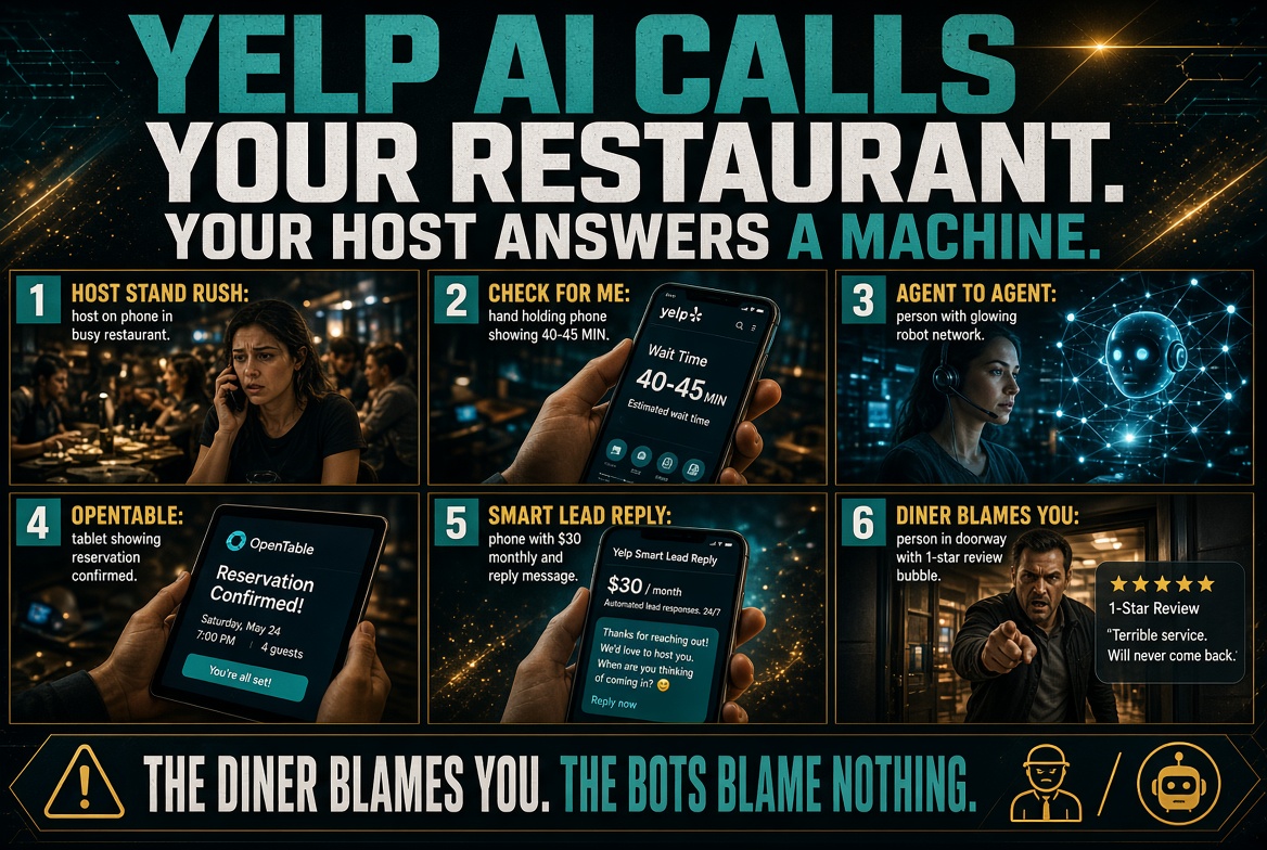 Six step Yelp AI restaurant call chain from host stand rush to a one star review