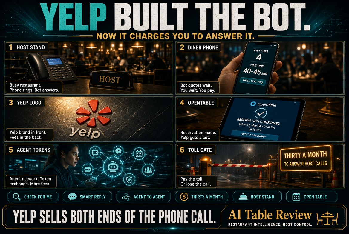 Yelp AI voice agent calling a restaurant and charging thirty a month for Smart Lead Reply