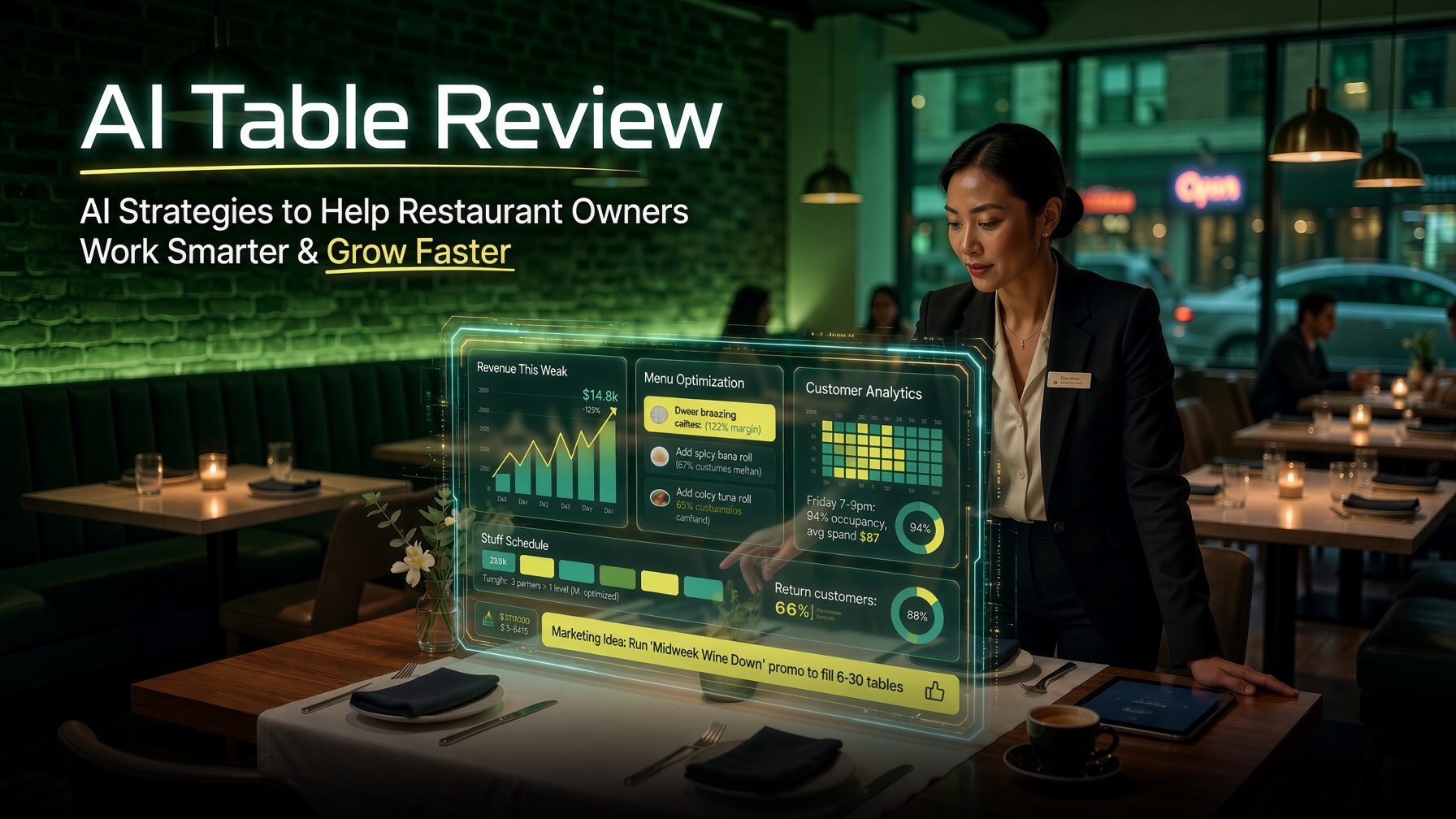 Restaurant manager reviewing AI analytics dashboard